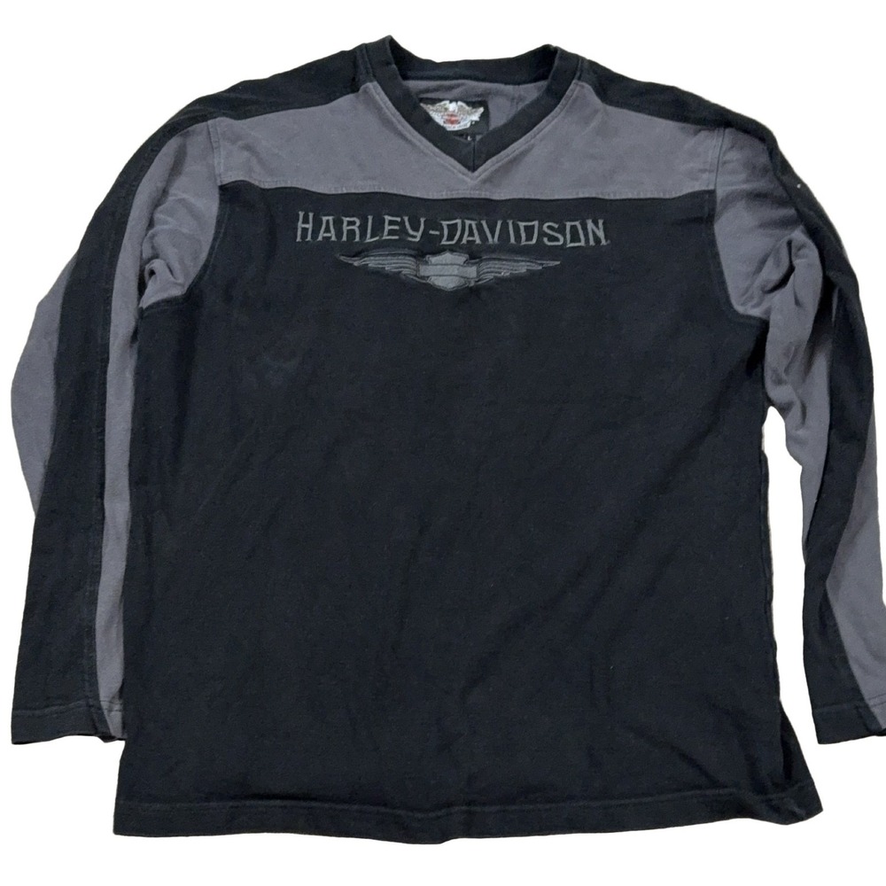 Harley-Davidson Long Sleeve Shirt L Black Grey Embroidered Cotton
